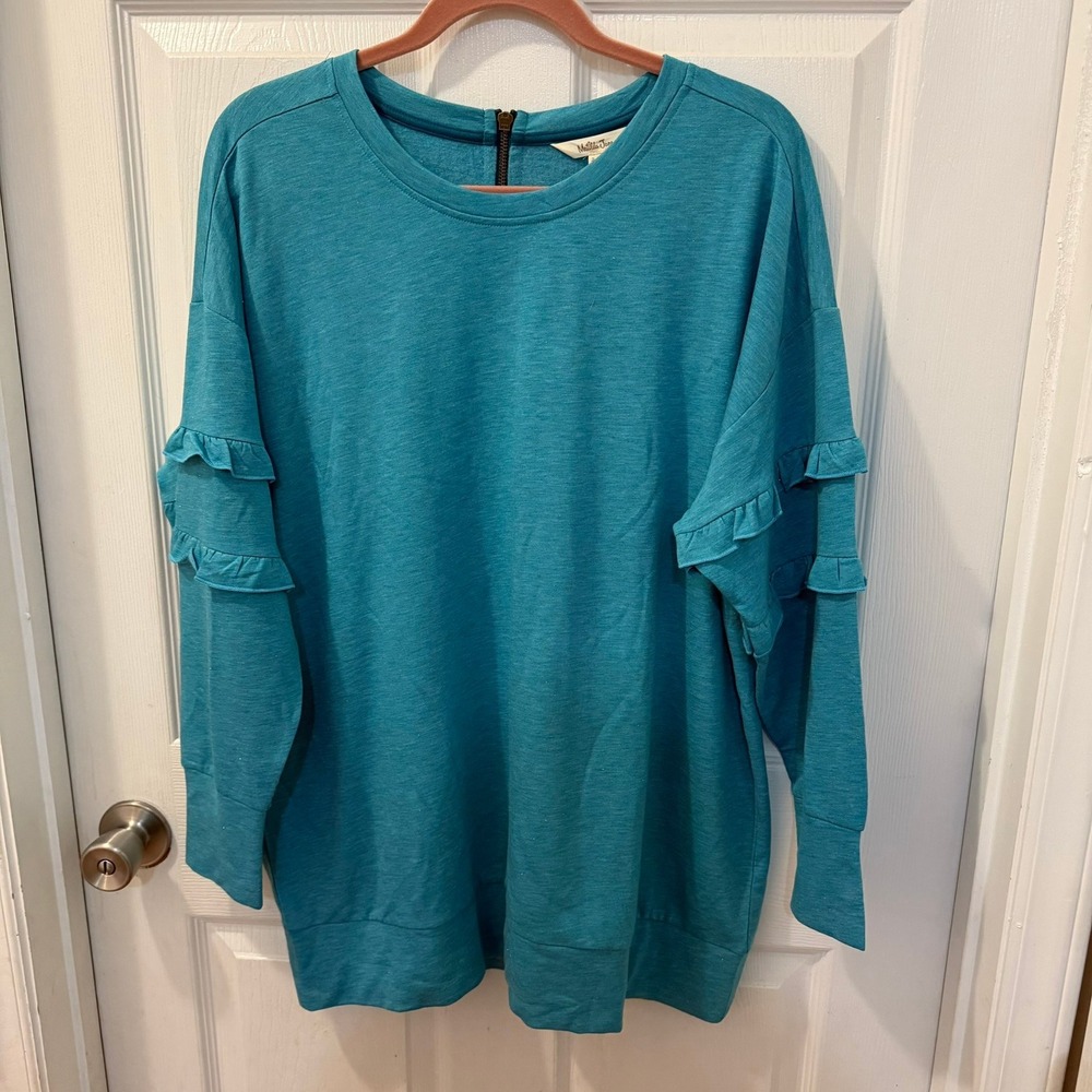 NWT Matilda Jane‎ Women's Size S Wonderment Our Song Teal Ruffle Sweatshirt Top